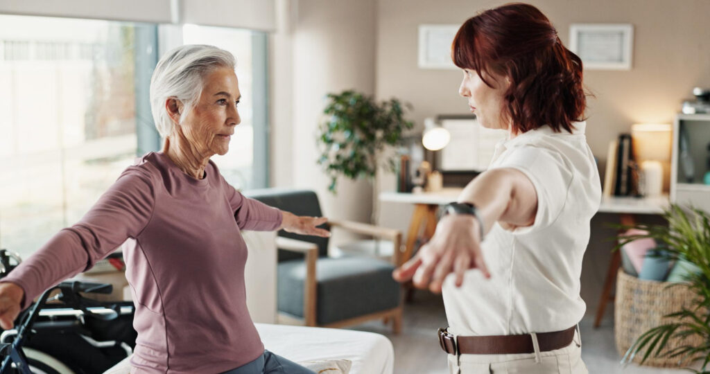 Physio arm and senior woman with medical support patient and rehabilitation